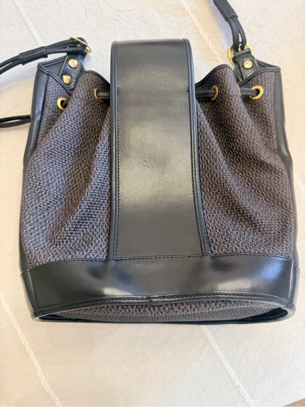 Yves Saint Laurent Black Leather and Tweed Shoulder bucket Drawstring Bag